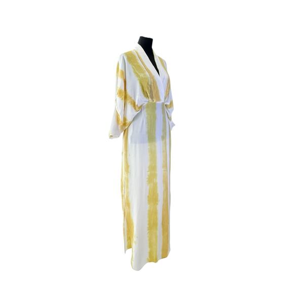 S/W/F Yellow Tie Dye Boho Maxi Caftan 100% Rayon Resort Cover Up Dress- Small - Picture 3 of 9